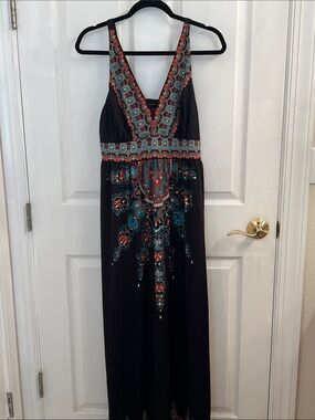 NWOT INC International Concepts Black Maxi Dress with Teal & Coral Embroidery